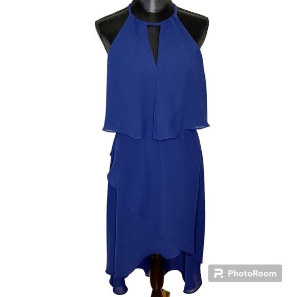 Saks Fifth Avenue Dress Halter High Low Sleeveless Chiffon Flowy Drapey Blue 6 - Picture 1 of 10